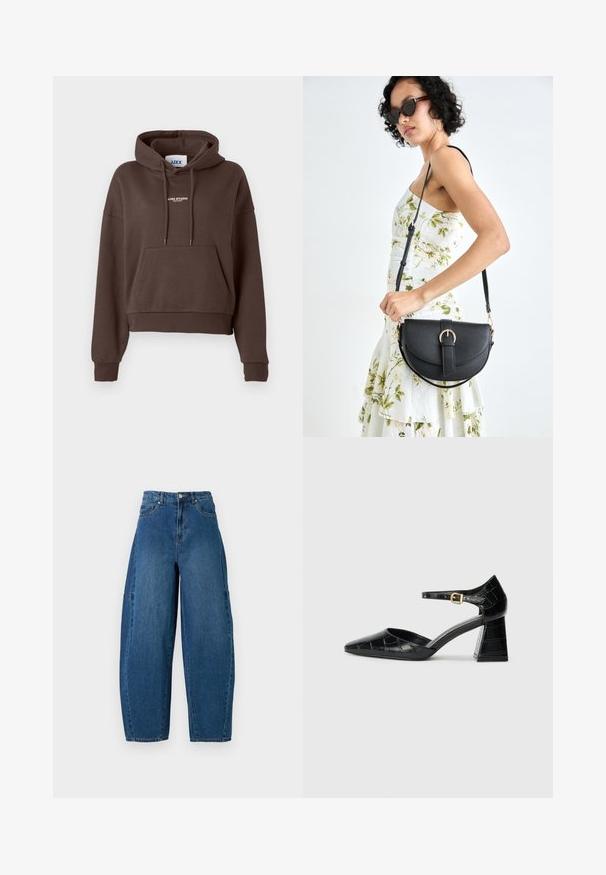 Rudas trumpas džemperis su priekiu kišeniu ir baltu užrašu "JJXX STUDIO" ant krūtinės, su suvarstomu gobtuvu ir gofruotomis rankovėmis.; Deniminės džinsai vidutinio mėlynumo atspalviu, su aukštu liemeniu, plačiais kojų kirpimais ir standartiniu penkių kišenių dizainu, pasižyminčiu matomais siuvimo detalėmis.; Juodos lakinės odos aukštakulniai batai su smailiu kumščiu, kulkšnies dirželiu ir tekstūruotu krokodilo raštu. Kvadratinis stulpelis.; Juodas odinis krepšys su išlenkta forma, nuimamu dirželiu ir auksiniais detalėmis. Krepšys turi kilpą su sagtimi.