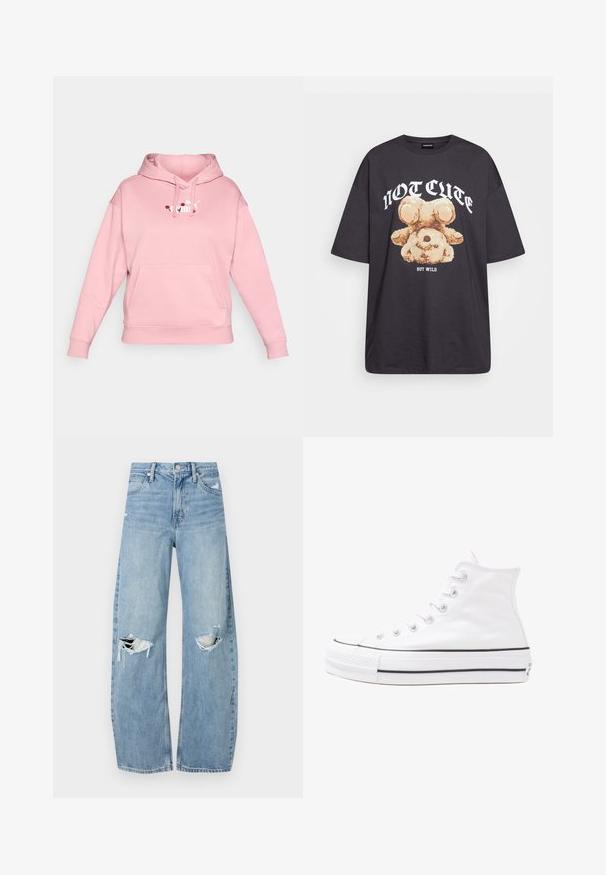 Sweatshirt rosa com capuz e bolso frontal, apresentando um logo branco com elementos florais. Feito de tecido macio, de corte solto com punhos canelados.; T-shirt oversized preto com uma gráfica de um urso e o texto "NÃO FOFO, MAS SELVAGEM" em letras brancas e em negrito. Material em algodão.; Jeans de lavagem clara, de cintura alta, feitos de denim. Apresentam pernas largas, duas áreas rasgadas nos joelhos e o estilo clássico de cinco bolsos.; Sapatilha alta de tela branca com sola de borracha preta, bico de borracha na frente e seis ilhós para os atacadores, apresentando um design limpo e minimalista.