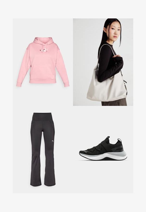 Sweatshirt rosa com capuz e bolso frontal, apresentando um logo branco com elementos florais. Feito de tecido macio, de corte solto com punhos canelados.; Calças de fitness pretas, com cintura alta e efeito fluido, em tecido elástico, com um logótipo da marca bordado em branco e detalhes sutis nas costuras.; Sapatilha atlética preta com um upper texturizado, tiras elásticas e uma entressola grossa branca. Apresenta um detalhe cinza ao longo da sola.; Uma bolsa bege feita de material macio, com um design descontraído, detalhes de costura e duas alças para o ombro. Adequada para uso diário.