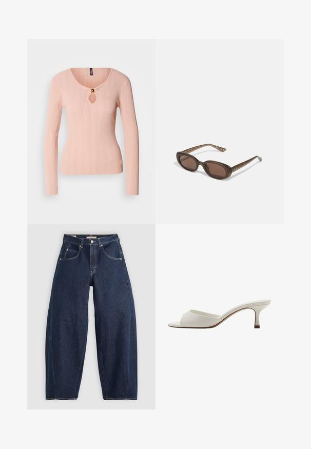 Rippentop mit langen Ärmeln in zartem Rosa, ausgestattet mit einem Schlüssellochauschnitt und einem goldenen Akzentknopf. Figurbetontes Design mit glatter Textur.; Dunkelblaue Denim-Jeans mit lockerer Passform, heller Naht, fünf Taschen und einem Knopfverschluss am Bund.; Weiße, offene High-Heel-Mules mit glatter Oberfläche, minimalistischer Gestaltung und schlankem Absatz, ausgestattet mit einem subtilen braunen Akzent auf der Sohle.; Braune ovale Sonnenbrillen mit dunklen Gläsern. Das Gestell besteht aus einem transparenten braunen Material und hat ein auf den Bügeln aufgedrucktes Logo.; Grüne Lederhandtasche mit glatter Textur, gebogenem Design und geflochtenem Griff. Verfügt über einen Reißverschluss und einen verstellbaren Riemen.