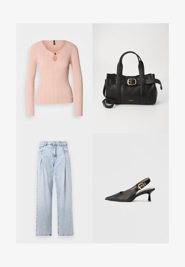 Hladký dlouhý rukáv top s jemným růžovým proužkováním a výstřihem ve tvaru klíče se zlatým akcentem. Upnutý střih s hladkou texturou.; Světlé modré džíny z denimu s vysokým pasem, širokým střihem, dvěma bočními kapsami a nařaseným designem. Měkká textura s vybledlým povrchem.; Černý slingback vysoký podpatek s špičatou špičkou, hladkým koženým povrchem a zlatým přezkovým akcentem na pásku.; Černá kožená kabelka s upraveným designem, dvojitými vrchními madly, pozlaceným přezkovým akcentem a vyraženým logem značky na přední straně.