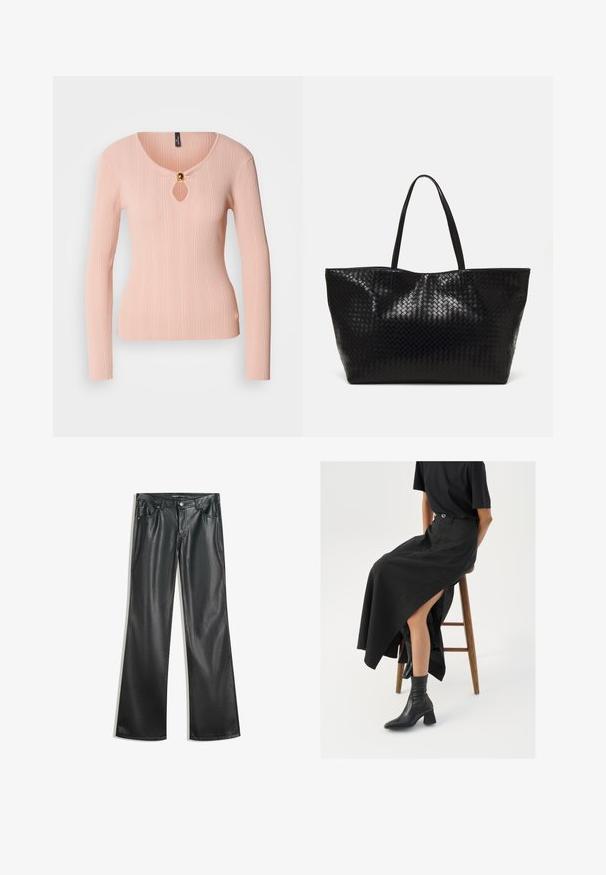 Ráncelt, hosszú ujjú felső lágy rózsaszínben, kulcslyuk nyakkivágással és arany dísz gombbal. Testhez simító, sima textúrával.; Fekete műbőr bővülő nadrág sima textúrával, öt zsebbel, elülső cipzárral és kontrasztos varrásokkal.; Fekete len maxi szoknya magas hasítékkal, fekete pólóval és fekete bokacsizmával viselve. Minimalista dizájn, laza illeszkedéssel.; Fekete szövött bevásárlótáska két strapabíró füllel, fényes felülettel és tágas, nyitott tetejű kialakítással.
