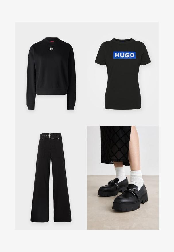 Felpa nera realizzata in morbido tessuto, con scollatura rotonda e polsini a costine. Il logo "HUGO" in bianco è centrato sul petto.; T-shirt nera a maniche corte in cotone, con una grande grafica rettangolare blu che riporta la parola "HUGO" in lettere bianche in grassetto.; Pantaloni neri a gamba larga realizzati in cotone, con vita alta, ampie tasche laterali e vita con cintura arricchita da dettagli in metallo argentato.; Mocassini neri con plateau e finitura in pelle liscia, caratterizzati da un dettaglio con fibbia e borchie, abbinati a calzini bianchi a coste.