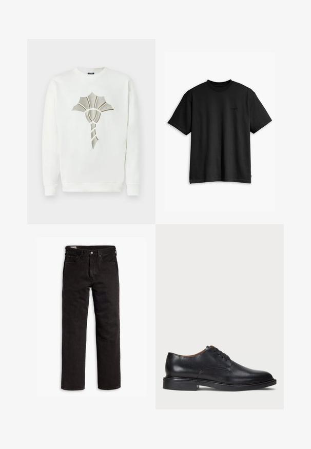 White sweatshirt with a textured, metallic gold and silver shell design at the center; features a round neckline and ribbed cuffs.; Black cotton t-shirt with a crew neck and short sleeves. Features a subtle front logo and a straight hemline. Simple and minimalistic design.; Black straight-leg denim jeans with five pockets, button closure, and belt loops, laid flat on a white background.; Black leather dress shoe with a round toe, lace-up design, and a low stacked heel. Smooth texture with minimal stitching details.