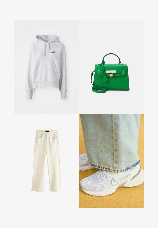 Šviesiai pilkas džemperis su gobtuvu, pagamintas iš medvilnės ir sintetinių pluoštų mišinio, su priekyje esančia kengūros kišene ir mažu išsiuvinėtu logotipu krūtinėje.; Plati kojinės kelnės iš šviesiai bežinio džinsinio audinio, su mygtuko uždarymu, penkiomis kišenėmis ir lygiu paviršiumi. Paprastas ir šiuolaikiškas dizainas.; Balti sportiniai sneakeriai su tinklelio viršumi, žaliais akcentais, tekstūruotu padu, derinami su šviesiai mėlynomis džinsinio audinio kelnėmis, kurios turi nusidėvėjusią kraštą.; Žalia odinė rankinė su struktūrizuotu dizainu, auksiniais aksesuarais, viršutine rankena ir nuimamu peties diržu. Pabrėžia užrakinimo akcentą ir tekstūruotą apdailą.