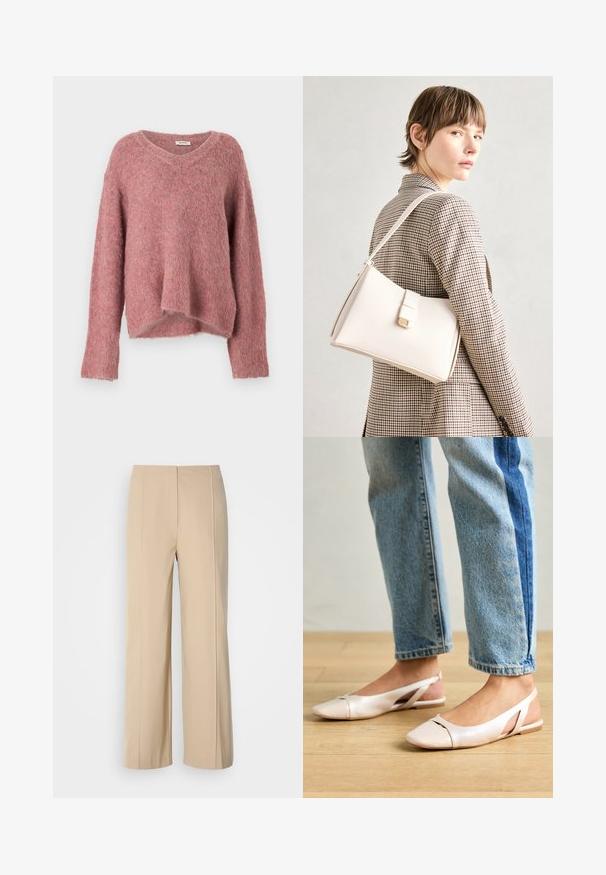 Modström KANEMD - Jumper - sparkling grape melange; Beige wide-leg trousers made of structured fabric, featuring a minimalist design with pressed creases and a flat waistband.; Pale pink slingback flats with a pointed toe, made from a smooth leather-like material. Features cut-out details at the sides and a flat heel.; White leather handbag with a structured design, featuring a magnetic clasp and a shoulder strap, showcased against a neutral background.