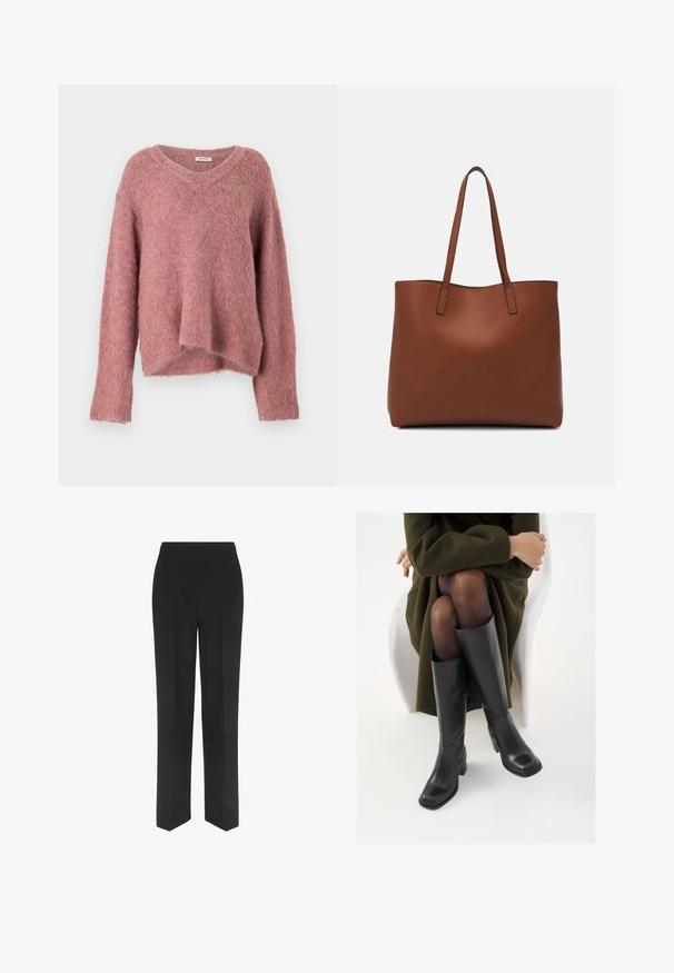 Modström KANEMD - Jumper - sparkling grape melange; Black trousers with a straight leg design, featuring a simple waistband and no visible pockets, displayed against a white background.; Knee-high black leather boots with a squared toe and block heel, shown with a model seated in an olive green coat. Smooth texture, minimal detailing.; Brown leather tote bag with a smooth texture, open top design, and two shoulder straps. Features minimal stitching and no visible hardware.