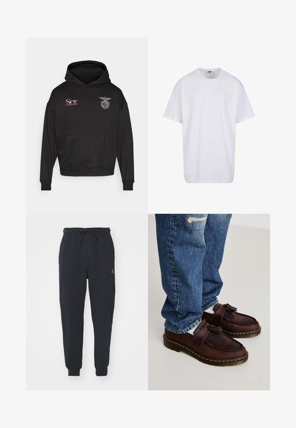 Felpa nera con cappuccio e tasca frontale, decorata con il testo bianco "Ser" e rosso "Bolgosta", e un emblema ricamato sul petto.; Maglietta bianca in cotone con maniche corte, scollatura rotonda, vestibilità comoda e senza loghi o motivi visibili. Texture liscia e design minimale.; Pantaloni jogger neri realizzati in tessuto morbido, dotati di una vita elastica con coulisse, polsini a costine e un piccolo logo sulla coscia sinistra.; Mocassini in pelle marrone con dettagli a frange, caratterizzati da un design cucito e una suola gialla in gomma. Abbinati a dei jeans blu sbiaditi.