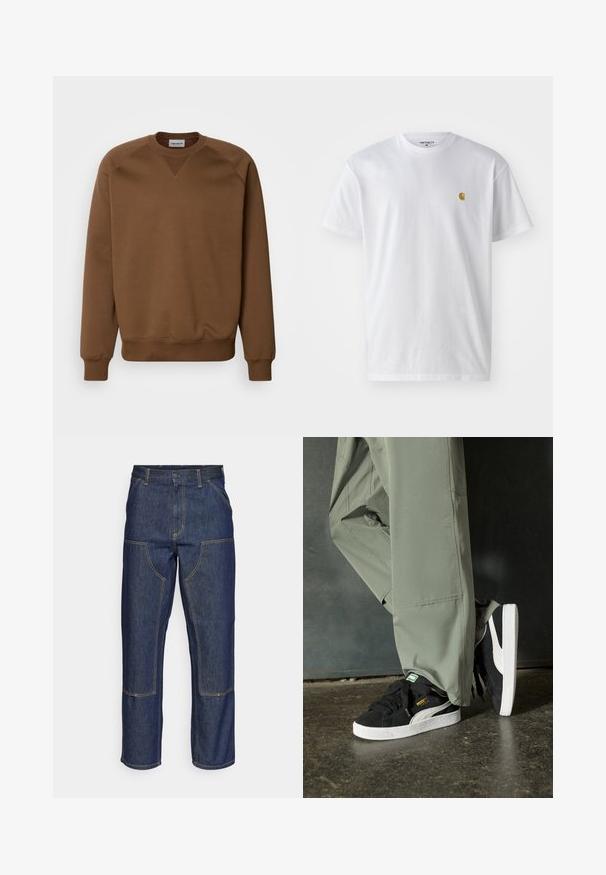 Carhartt WIP CHASE - Športni pulover - chocolate/gold; Bela bombažna majica s kratkimi rokavi, krožnim ovratnikom, z majhnim zlatim logotipom na levem prsnem predelu. Mehka tekstura in običajen kroj.; Temno modri kavbojke z visokim pasom, ravnim krojem, kontrastnim šivom in žepekami na sprednji strani.; Črne semšaste športne copate z belimi gumijastimi podplati in stranskimi črtami, v kombinaciji s svetlo zelenimi cargo hlačami, ki stojijo na teksturirani temni površini.