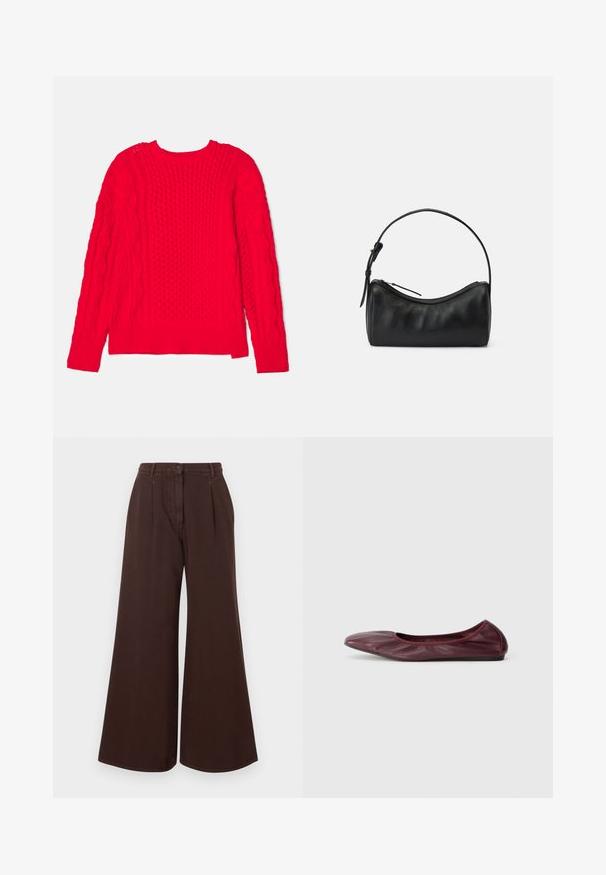 Crvena pletena majica s uzorkom kabel pletenice, rebrastim rubovima i okruglim izrezom. Teksturalni dizajn s dugim rukavima.; Smeđe hlače širokih nogavica visokog struka s dugmetom i zatvaračem, petljama za remen i prednjim nabranim detaljima.; Balerinke u tamnocrvenoj koži, s okruglim vrhom, elastičnom oko, i glatkom teksturom s suptilnim detaljima nabora.; Crna kožna torba za rame s kružnim dizajnom, zatvaranjem na patentni zatvarač i uskom trakom. Ima glatku teksturu i suptilne detalje šivanja.