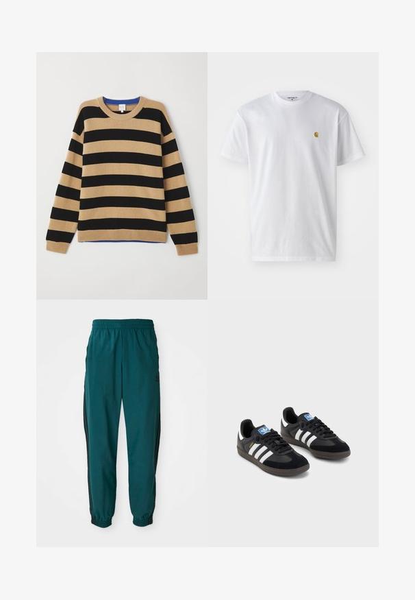 Juostuotas megztinis, turintis pakaitinius juodus ir tan juosteles, raukšlėta apykakle ir mėlynu akcentu aplink kaklą. Minkšta tekstūra, laisvas siluetas.; Balta medvilnės marškinėliai su trumpomis rankovėmis, apvalia iškirpte, kuriuose kairėje krūtinės pusėje yra mažas auksinis logotipas. Minkšta tekstūra ir reguliari forma.; Žalios sportinės kelnės su raišteliu juosmenyje, elastiniais rankogaliais ir šoninėmis juodomis juostomis. Pagamintos iš lengvos medžiagos, su logotipu šalia klubų.; Juodi sportiniai bateliai su zomšos ir sintetine viršutine dalimi, turintys tris baltas juosteles, tekstūruotą gumos pado paviršių ir mėlyną logotipo etiketę ant liežuvėlio.