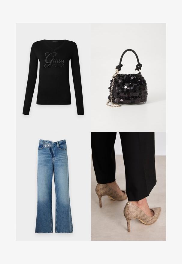 Suéter negro de manga larga con cuello en V. Cuenta con un logo destacado de "Guess" en pedrería. Puños y dobladillo acanalados, textura suave.; Jeans de mezclilla azul claro acampanados con cintura alta, que cuentan con dos botones y bolsillos frontales. La tela tiene una textura desteñida con variaciones sutiles.; Zapatos de tacón altos beige con una tela texturizada que presenta un patrón repetitivo. Diseño de punta afilada con un acento en la parte trasera y detalle de tacón dorado.; Bolso de mano mini negro con lentejuelas, con una correa de textura anudada y cadena plateada. Forma redondeada con parte superior fruncida y detalles reflectantes.