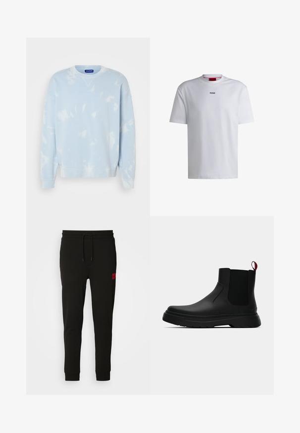 Világoskék pulóver, batikolt mintával, kerek nyakkal és széles ujjakkal. Puha anyagból készült, ribbelt mandzsettákkal és aljjal.; Fehér, rövid ujjú, kerek nyakú pamut póló, fekete "HUGO" logóval a mellkason. Simára ölbe simuló anyag, laza fazon, minta nélkül.; Fekete melegítőnadrág puha anyagból, húzózsinóros derékkal, slim fit kialakítással, és egy piros logóval a bal combon.; Fekete bokacipő sima felülettel, ruganyos oldalsó panelek és kontrasztos piros húzópánt jellemzi, vastag gumitalppal és lekerekített orral.