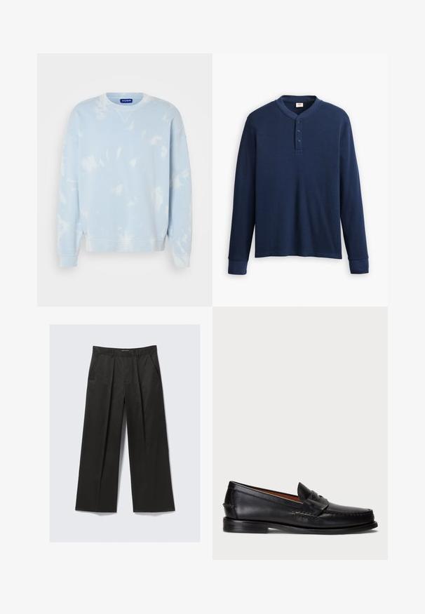 Gaiši zila džemperis ar saistīto krāsu rakstu, apaļu kakla izgriezumu un platajām piedurknēm. Izgatavots no mīksta auduma ar ribotiem aprocēm un apakšmalu.; Ilgi piedurknes tumši zilā henley krekls, izgatavots no ribotas auduma. Iezīmē apaļu kakla izgriezumu un trīs pogu aizdari. Piedurkņu gali ir pieguļoši.; Melnas platās bikses ar gludu tekstūru, ar divām priekšējām kabatām un nedaudz paaugstinātu vidukli.; Melnas ādas loafers ar noapaļotu purngalu, šuvju apdari un dekoratīvu joslu priekšā. Plakana zole ar minimālu profilu.