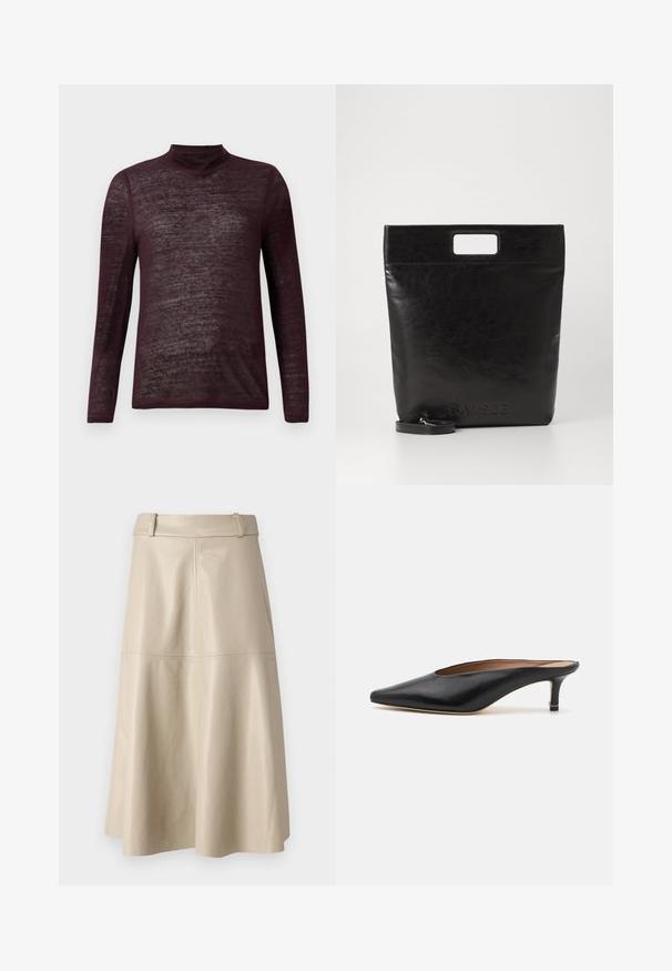 Langärmliger, leichter burgunderfarbener Rollkragenpullover mit einer halbtransparenten Stricktextur, flach auf einem weißen Hintergrund präsentiert.; Beige Leder-Midi-Rock mit glatter Textur, weitem Bund und ausgestellt geschnittenem Saum; mit gesteppten Nähten für zusätzlichen Detailreichtum.; Schwarze Leder-Mules mit spitzem Zehenbereich und niedrigem Blockabsatz. Glatte Textur mit elegantem Design. Offene Rückseite mit minimaler Gestaltung.; Schwarze Leder-Tote-Tasche mit einem quadratischen Griff, ausgestattet mit einer strukturierten Oberfläche und geprägtem Logo. Inklusive abnehmbarem Tragegurt.