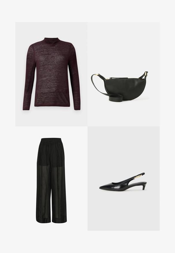 Garo piedurkņu, vieglais bordo krāsas turtlenecks džemperis ar puscaurspīdīgu adījuma tekstūru, izlikts plakans uz baltā fona.; Melnas platas kājas bikses, izgatavotas no caurspīdīga auduma, ar elastīgu jostasvietu un auklu regulēšanai, piedāvājot gludu tekstūru.; Melnas ādas slingback zābaki ar smailu purngalu, ar šauru papēdi un zelta krāsas akcentu uz regulējama siksniņas. Gluda tekstūra.; Melnas ādas plecu soma ar pusmēness formu, teksturētu virsmu, zelta rāvējslēdzēju un plakanu siksnu. Kompakts dizains, kas piemērots svarīgākajām lietām.