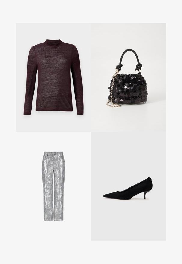 Burgundské svetr s dlouhým rukávem a lehkým rolákem, s poloprůhlednou pletenou strukturou, vystavený na bílém pozadí.; Stříbrem vyšívané kalhoty s motivem listů, rovného střihu a hladkým, lesklým povrchem. Funkční kapsy a zapínání na knoflík.; Černá semišová dámská vysoká bota s špičatou špičkou a štíhlým, nízkým podpatkem. Hladký povrch s elegantním designem, bez viditelného kování.; Černá mini kabelka s flitry, s uzlovým texturovaným popruhem a stříbrným řetízkem. Zaoblený tvar s nařaseným vrchem a reflexními detaily.