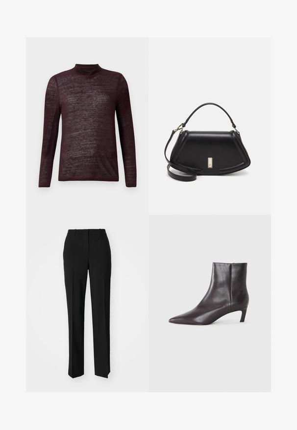 Długi rękaw, lekki bordowy sweter z golfem, o półprzezroczystej fakturze, wyłożony na białym tle.; Czarne spodnie o dopasowanym kroju z prostymi nogawkami, o gładkiej fakturze i wyraźnych zagięciach z przodu. Bez widocznych elementów metalowych.; Czarne skórzane botki za kostkę z ostrym noskiem i niskim obcasem typu kitten heel, gładkie wykończenie, z bocznym zamkiem, zaprezentowane na neutralnym tle.; Czarna skórzana torebka o strukturalnym designie, z przyciętą formą, górnym uchwytem i złotymi akcentami. W zestawie regulowany pasek na ramię.