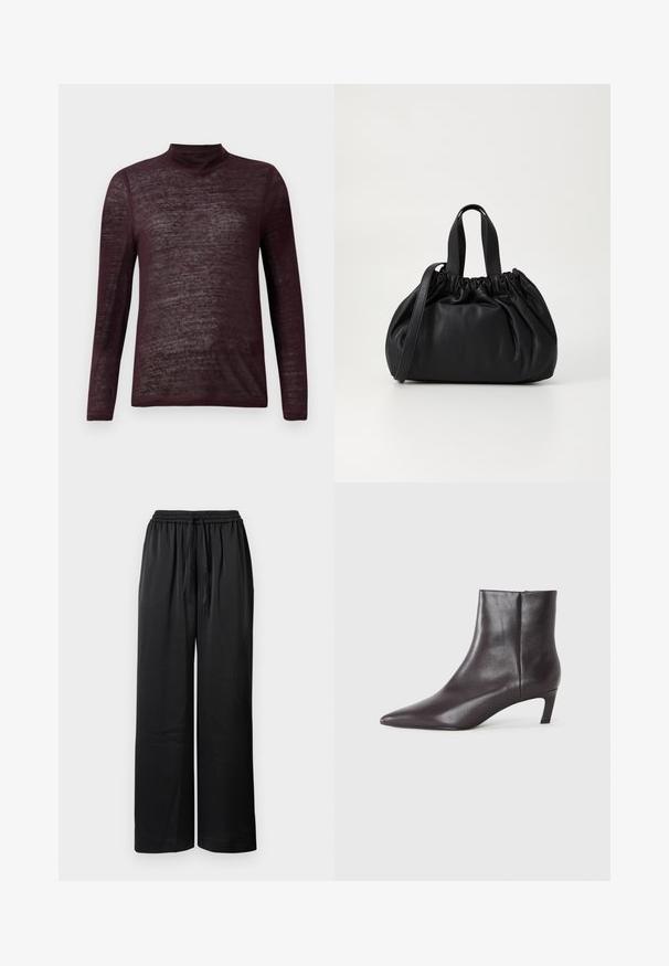 Pullover de gola alta de mangas longas, leve, na cor burgundy, com uma textura de malha semi-transparente, exibido de forma plana sobre um fundo branco.; Calças largas pretas com cintura elástica, fecho com cordão e textura suave. Apresentam um corte solto para conforto e mobilidade.; Bota de couro preta até o tornozelo com bico fino e salto baixo estilo kitten, acabamento liso, com fecho lateral, apresentada sobre um fundo neutro.; Bolsa de couro preta com um design de topo franzido, apresentando duas alças curtas e uma alça longa ajustável. Textura suave, formato arredondado.
