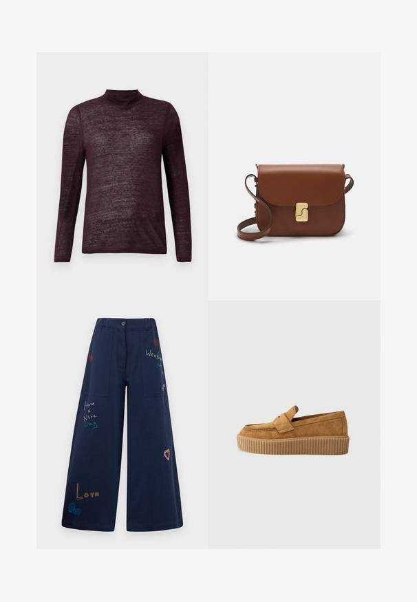 Burgundska turtleneck pulover z dolgimi rokavi in lahkotno strukturo, prikazan na beli podlagi.; Temno modre široke hlače iz bombaža z več žepi. Imajo barvno vezeno besedilo in grafike, vključno s srčki in igrivimi frazami.; Brajni semiš loafers z okroglo konico, ki imajo rebrast podplat in dekorativni trak čez zgornji del.; Rjava usnjena torbica s poklopcem, zlato obarvani okovi, naramnica in gladka tekstura. Kompaktna pravokotna oblika.