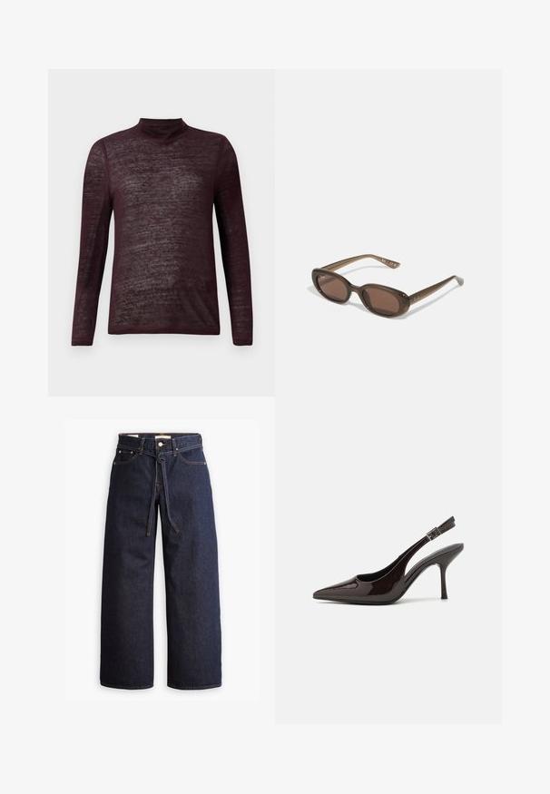 Burgundské svetr s dlouhým rukávem a lehkým rolákem, s poloprůhlednou pletenou strukturou, vystavený na bílém pozadí.; Široké tmavě modré džíny se zvýšeným pasem, opatřené stahovací šňůrou, pěti kapsami a kontrastním prošíváním.; Slingback lodičky na vysokém podpatku z lesklé tmavě hnědé lakované kůže, s špičatou špičkou, otevřenými stranami a nastavitelným páskem kolem kotníku.; Hnědé oválné sluneční brýle s tmavými skly. Rámeček je z průhledného hnědého materiálu a má na stranách potisk s logem.; Hnědá semišová taška přes rameno s dvěma ramenními popruhy, prostorný obdélníkový tvar a minimalistický design. Měkká textura s hladkým povrchem.