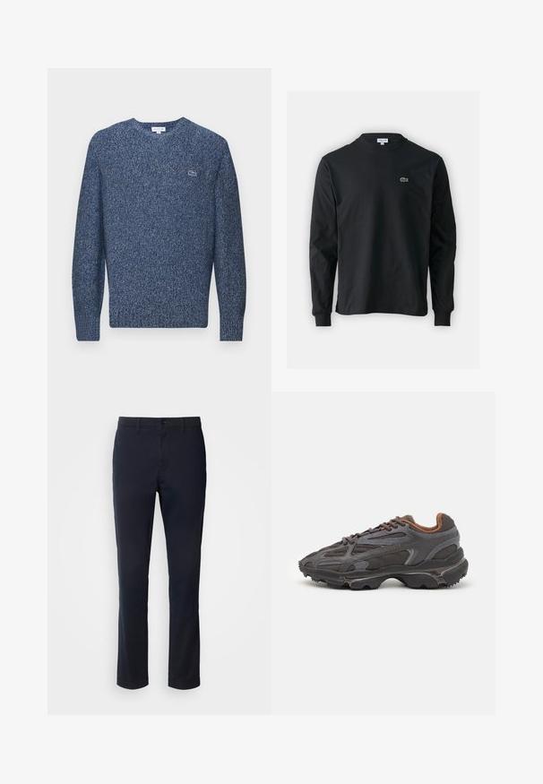 Lacoste Džemper - navy neps; Must musta särk pikad varrukad, valmistatud puuvillast, ümar kaelus ja vasakul rinnal väike rohelise värvi tikandiga krokodillilogoga.; Sügavsinised püksid, mis on valmistatud siledast kangast, otse sääre disainiga, vöökonksudega ja nööbiga sulgemisega, millel on tõmblukk.; Tumed hallid Lacoste tossud, mis on valmistatud võrkkangast ja sünteetilisest materjalist, omavad tekstureeritud talla ning pruune aktsente kaeluse ja brändingu juures.