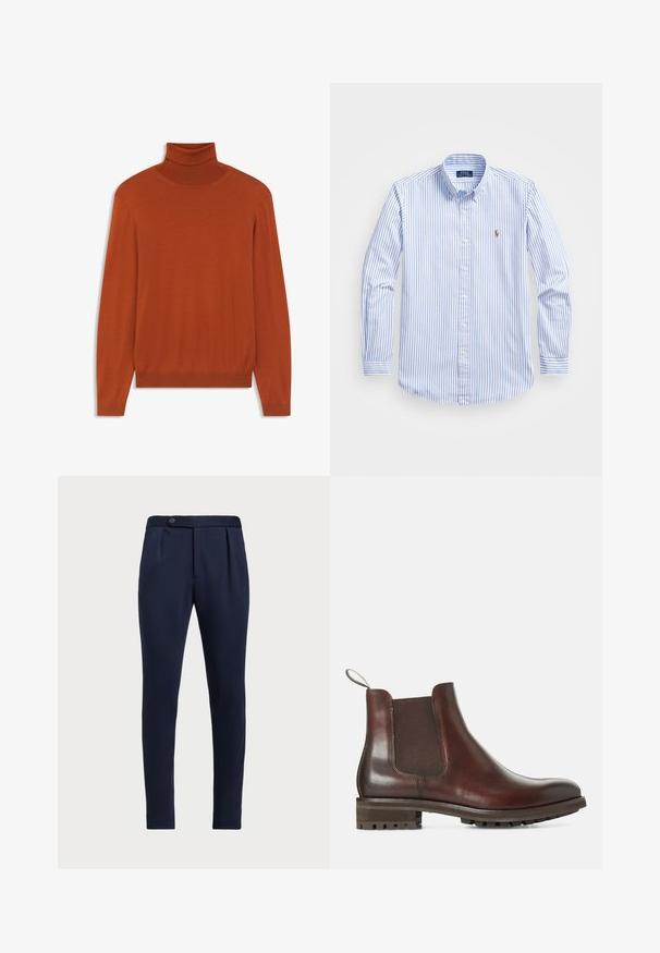 Ελαφρώς σκουρόχρωμο πουλόβερ με λαιμόκοψη φτιαγμένο από μαλακό ύφασμα. Κομψή σιλουέτα με μακριά μανίκια και ραμμένο λαιμό και άκρες. Απαλή υφή σε όλη την επιφάνεια.; Ανοιχτό μπλε και λευκή ριγέ πουκαμίσα με κλασικό γιακά, μακριά μανίκια και μικρό κεντημένο λογότυπο στο στήθος.; Σκούρο μπλε κομμένα παντελόνια με επίπεδο μπροστινό μέρος, δύο πλαϊνές πτυχώσεις και έναν κουμπί για κλείσιμο, με λείο και υφαμένο ύφασμα.; Καφέ δερμάτινες μπότες Chelsea με ελαστικές πλαϊνές επενδύσεις, θηλιά για εύκολη χρήση και υφασμάτινη σόλα. Λείο φινίρισμα με ανθεκτικό χαμηλό τακούνι.