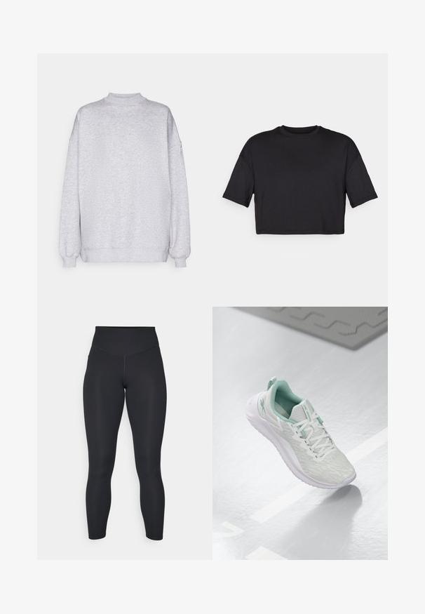 Felpa grigia chiara, design a girocollo, maniche lunghe con polsini a costine, texture morbida, nessun motivo visibile, aspetto minimalista.; T-shirt nero cropped realizzato in tessuto morbido, con scollatura rotonda e maniche corte e larghe, dal design semplice e senza cuciture.; Leggings neri con vita alta, texture liscia e design aderente. Presentano cuciture piatte e copertura completa senza motivi.; Scarpa sportiva grigio chiaro con tomaia in maglia testurizzata, dettagli verde menta, lacci bianchi, suola in gomma e linguetta sul tallone.