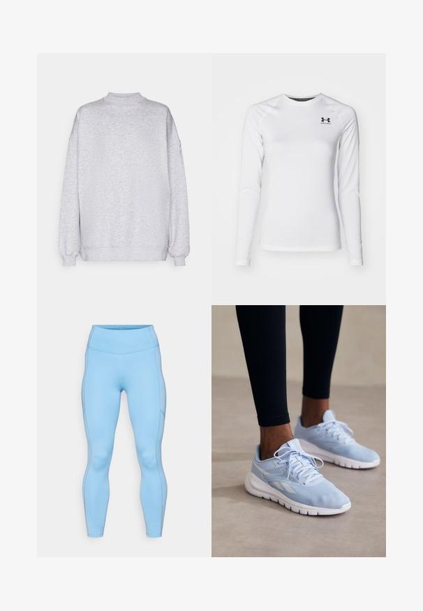 Lys grå hettegenser, med rund halsdesign, lange ermer med ribbestrikkede mansjetter, myk tekstur, ingen synlige mønstre, minimalistisk utseende.; Langermet hvit treningstrøye laget av glatt stoff, med rund hals og svart logo på øvre venstre bryst.; Lys blå leggings laget av elastisk stoff. Har høy midje, jevn tekstur og buede sømmer langs beina.; Lyseblå treningssneakers med mesh-stoff, polstret krage og hvit såle. Har lisser og sidestriper i en kontrasterende hvit farge.