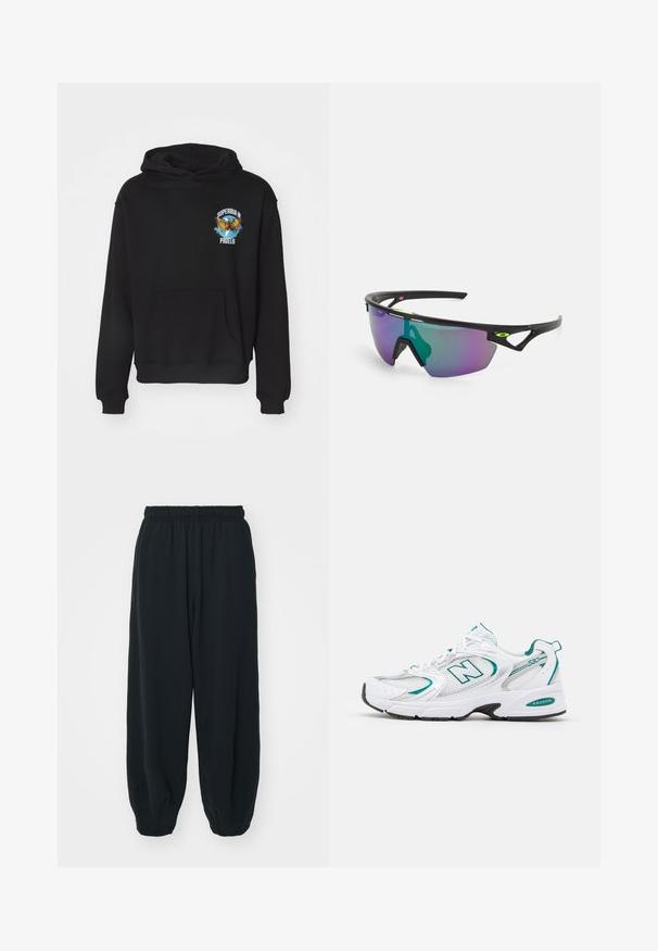 Black hooded sweatshirt made of cotton blend. Features a front pocket and decorative graphic of an eagle with text on the chest.; Black, elasticated-waist sweatpants with a loose fit, cuffed ankles, smooth texture, and no visible patterns or hardware accents.; White athletic shoe with mesh and synthetic panels, turquoise accents, rounded toe, lace-up front, and black rubber sole.; Sport sunglasses with a black frame, large gradient lens featuring purple and green hues, and angular design accents with logo detail.