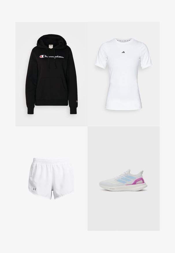 Champion ICONS CONTRAST LARGE LOGO - Mikina - black; Biela športová tričko s krátkymi rukávmi, vyrobené z hladkej, elastickej tkaniny. Obsahuje malé čierne logo Adidas na hrudi.; Biele športové šortky vyrobené z ľahkého materiálu s elastickým pásom, bočnými vreckami a malým šedým logom na ľavej strane.; adidas Performance PUREBOOST 5 - Cestná bežecká obuv - white/glow blue/purple burst