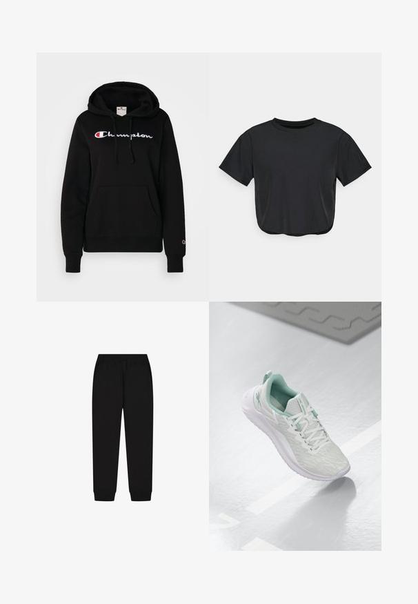 Champion ICONS CONTRAST LARGE LOGO - Felpa - black; Maglietta nera corta realizzata in materiale morbido, con scollatura rotonda, maniche corte e vestibilità comoda. Dettagli di cuciture sottili.; Pantaloni della tuta neri in cotone, dotati di una vita elastica, polsini alle caviglie e una superficie liscia. Design semplice e uniforme.; Scarpa sportiva grigio chiaro con tomaia in maglia testurizzata, dettagli verde menta, lacci bianchi, suola in gomma e linguetta sul tallone.