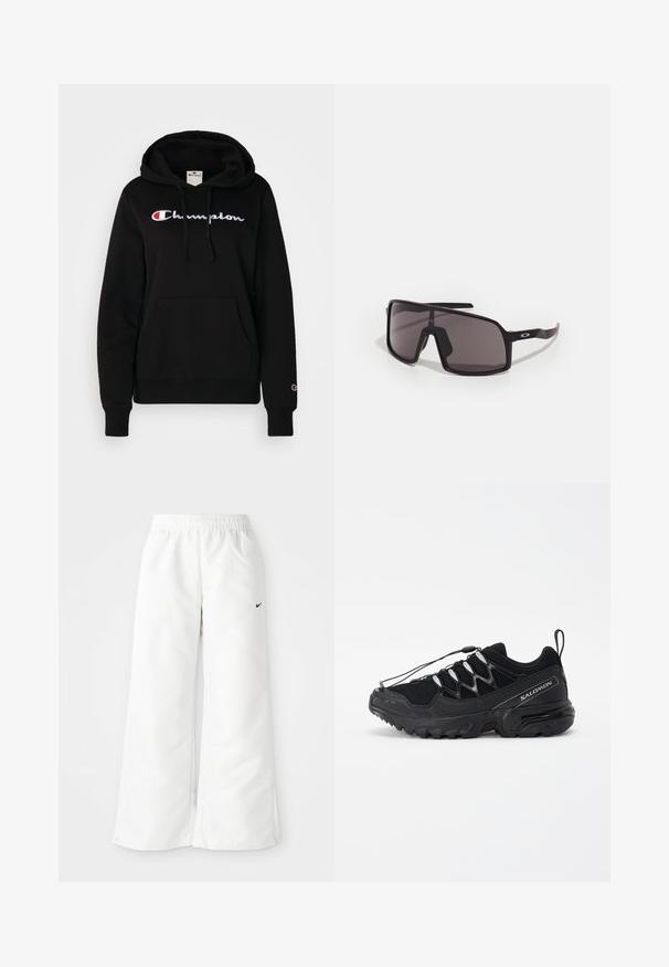 Champion ICONS CONTRAST LARGE LOGO - Sweatshirt - black; White athletic pants with a wide-leg design, elastic waistband, and a small black Nike logo on the left side. Smooth, lightweight material.; Black running shoes with mesh upper, reflective accents, and elastic laces. Features a rugged sole with traction patterns for stability.; Black rectangular sunglasses with dark lenses, wide frame, and slender black arms. Features a logo on the temples. Smooth texture.