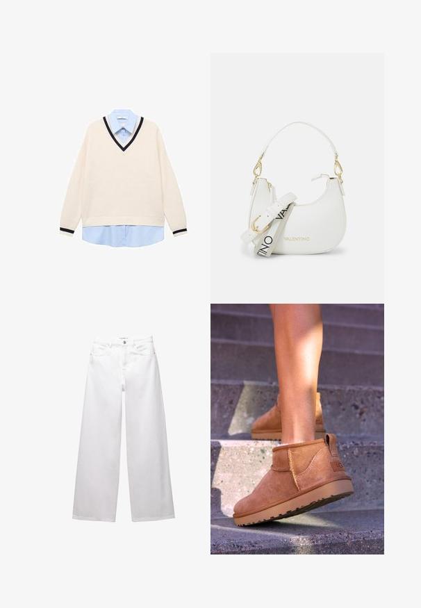 V-Ausschnitt-Pullover in Creme mit gerippter Textur, mit einem marineblauen Besatz. Über einem hellblauen Kragenhemd getragen. Lange Ärmel.; Weiße weit geschnittene Jeans aus Denim. Mit Knopfverschluss, Vorder- und Gesäßtaschen sowie gesteppten Nähten. Glatte Textur mit minimalen Details.; Beige Wildleder-Ankelstiefel mit weicher Textur, gesteppten Details und einer Gummisohle, ausgestattet mit einer Schlaufe an der Ferse für einfaches An- und Ausziehen.; Weißes Handtasche mit geschwungener Silhouette, strukturiertem Leder, goldenen Beschlägen und einem abnehmbaren Tragegurt mit Logo- und Schnallendetails.