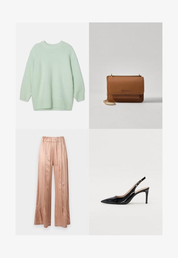 Hellgrüner, übergroßer Pullover aus weichem Strickmaterial. Verfügt über einen runden Halsausschnitt, lange Ärmel und einen gerippten Saum mit seitlichen Schlitzen.; Satinweite Hosen in zartem Rosa mit einem elastischen Bund, Zugbandakzenten und seitlichen Falten für zusätzliche Textur und Form.; Schwarz lackierte Slingback-Pumps mit spitzem Zehenbereich, schlankem Absatz und einem subtilen Ausschnittdesign. Verfügt über eine goldene Schnalle am Riemen.; Braune strukturierte Ledertasche mit goldener Kettenriemen und Klappenverschluss. Die Vorderseite zeigt ein Logo-Detail und eine Tasche unter der Klappe.