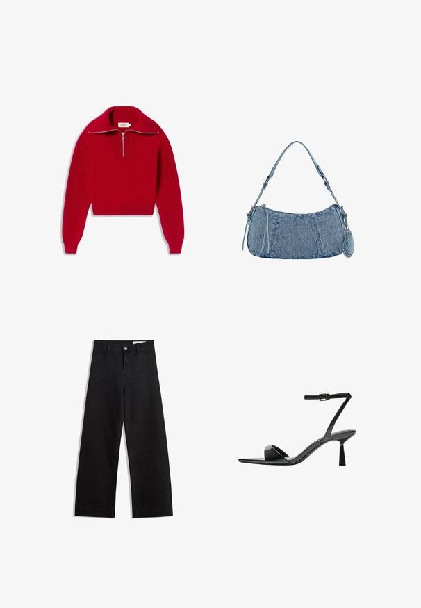 Czerwony sweter z dzianiny z wysokim kołnierzem i zapięciem na pół zamek. Posiada ściągacze na rękawach oraz teksturalne wzory na klatce piersiowej. Lekki materiał.; Czarne dżinsowe spodnie o szerokich nogawkach i wysokim stanie, z przednimi i tylnymi kieszeniami, przeszyciami oraz zapięciem na guziki. Gładka struktura.; Bershka - Sandały na obcasie; Dżinsowa torba na ramię o zaokrąglonym kształcie, w jasnoniebieskim kolorze, z regulowanym paskiem na ramię oraz małą odpinaną kieszonką z metalowymi akcentami.