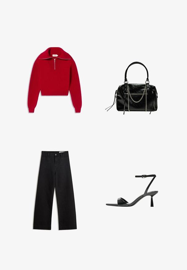 Červený pletený sveter s vysokým golierom a polovičným zipsom. Má rebrované rukávy a textúrované vzory na hrudníku. Ľahký materiál.; Čierne denimové nohavice s širokými nohavicami a vysokým pásom, so prednými a zadnými vreckami, šitými švami a zapínaním na gombík. Hladká textúra.; Bershka Sandále na vysokom opätku - black; Bershka WITH CHAIN - Kabelka - black