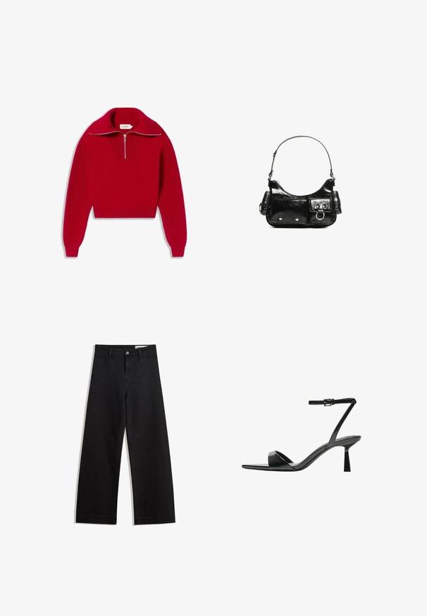 Pull en tricot rouge avec un col montant et une fermeture éclair mi-hauteur. Présente des manches côtelées et des motifs texturés sur la poitrine. Matière légère.; Pantalon en denim noir à jambes larges avec une taille haute, comprenant des poches avant et arrière, des coutures piquées et une fermeture à bouton. Texture lisse.; Bershka Sandales à talons hauts - black; Sac à main en cuir verni noir avec une forme incurvée, une bandoulière, des poches avant et des accents en métal argenté.