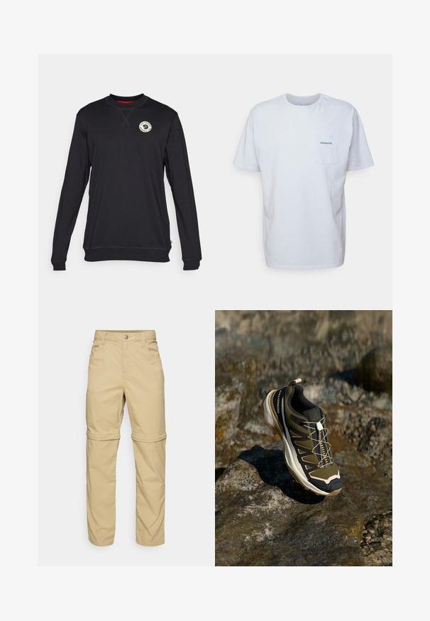 Svart langermet genser med rund hals, med logo på brystet, ribbestrikkede mansjetter og ensartet tekstur. Rød detalj på innsiden av kragen.; Hvit bomulls t-skjorte med korte ermer, rund hals og en lomme på venstre bryst med en blå "Patagonia" logo. Klassisk passform med jevn tekstur.; Beige avtakbare bukser med en glatt tekstur, som har to sidelommer, knappelukking og oppbrettede ermer for allsidighet.; Fjellsko i olivengrønn og svart med rosa detaljer. Har en teksturert overdel, fleksibel såle, forsterket tåhette og fargerik snøringssystem.