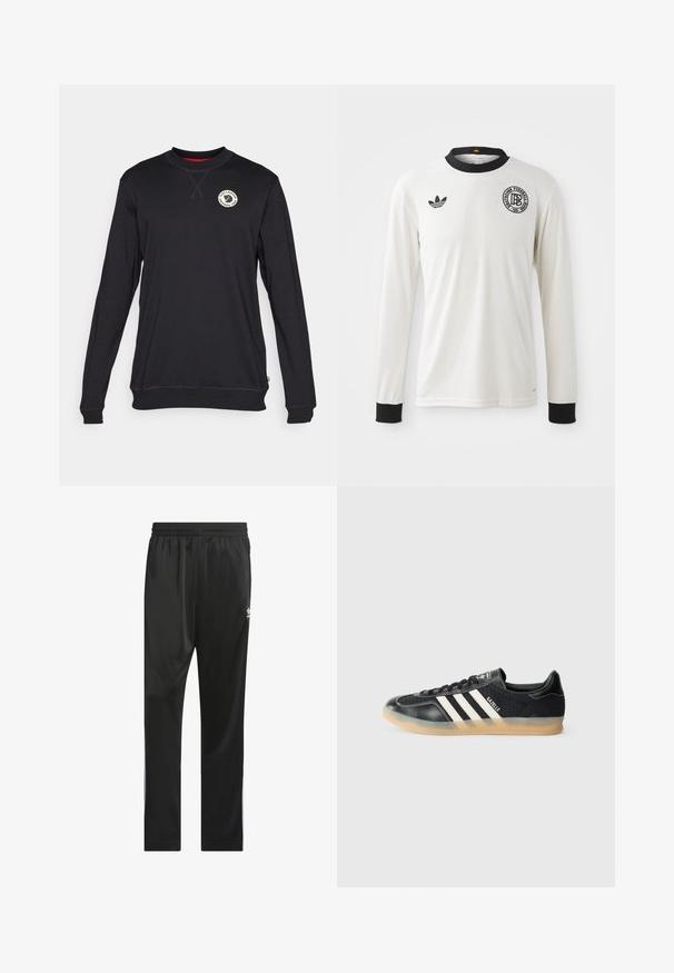 Sweatshirt preto de mangas longas com decote redondo, apresentando um logo no peito, punhos canelados e uma textura sólida. Detalhe interior da gola em vermelho.; Camisa de futebol de manga longa branca, com textura ribeteada, gola e punhos pretos, apresentando o logo da Adidas em preto e um emblema gráfico circular.; Calças atléticas pretas feitas de um material liso e leve. Apresentam um cós elástico e riscas brancas na lateral com um logótipo na coxa.; Sapatilha atlética preta com riscas brancas, tecido texturizado, biqueira de couro liso e sola de borracha clara. Apresenta logótipo na língua.