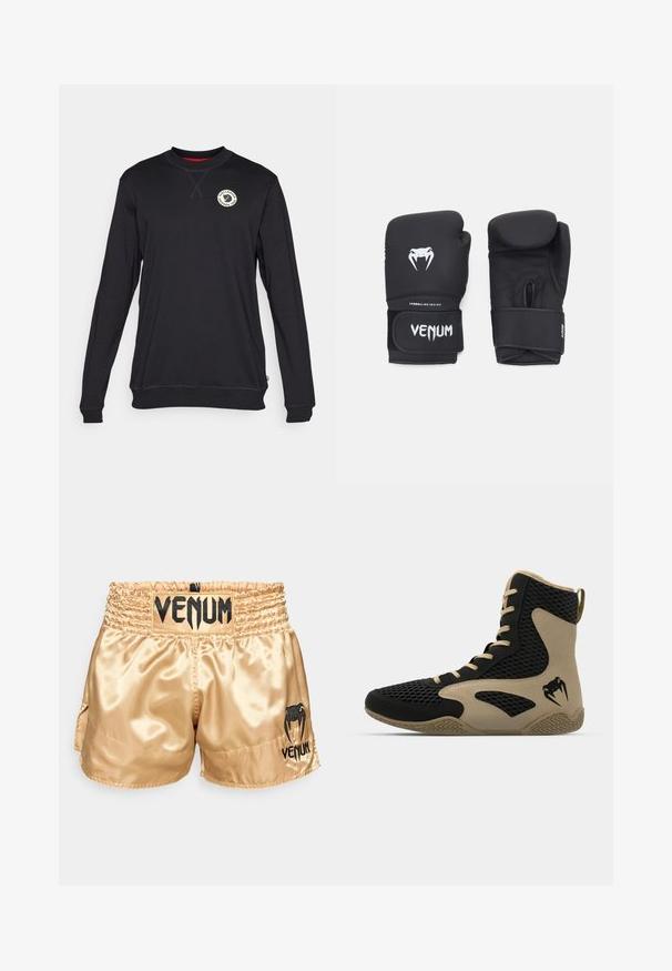 Felpa nera a maniche lunghe con collo rotondo, caratterizzata da un logo sul petto, polsini a coste e una texture uniforme. Dettaglio del colletto interno rosso.; Pantaloni da boxe in satin dorato con logo "VENUM" nero in vita e sui lati, caratterizzati da una texture liscia e una cintura elastica per il comfort.; Scarpa sportiva alta con esterno in rete nera e dettagli color beige. Suola in gomma testurizzata e logo sul lato.; Guanti da boxe neri con una superficie liscia, caratterizzati da un logo bianco di Venom e una fascia regolabile con velcro per una calzata sicura.