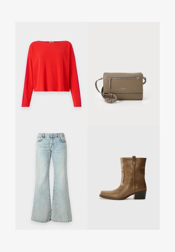 Pulover roșu cu nervuri, cu mâneci lungi, tăiat scurt și un panou lateral contrastant de magenta. Textură netedă, decolteu larg.; Jeans evazați de culoare albastru deschis, realizate din denim, cu talie înaltă, buzunare și tivuri desfăcute. Materialul prezintă o spălare decolorată și o textură subtilă.; Botine din piele maro, cu vârf pătrat, finisaj texturat și toc mic, îngrămădit. Prezentă un tab de tragere la spate și detalii subtile de coasere.; Geantă de umăr din piele taupe, cu un buzunar frontal cu fermoar, curea ajustabilă, textură de piatră și logo embosat pe față.