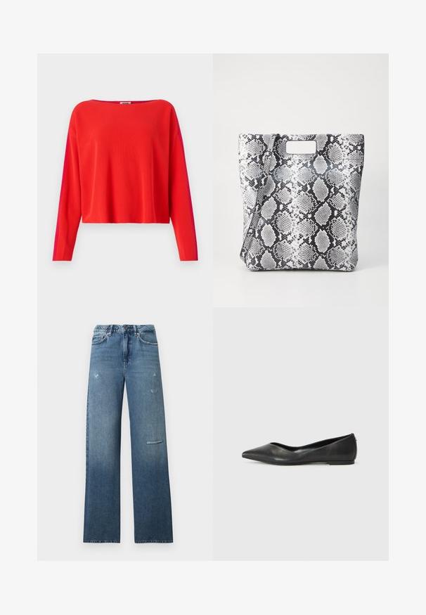 Roter gerippter Pullover mit langen Ärmeln, cropped Schnitt und einem kontrastierenden magentafarbenen Seitenpanel. Glatte Textur, weiter Ausschnitt.; Blaue Jeans aus Denim mit geradem Schnitt, verwaschenen Details und einem sauberen Saum. Der Stoff weist einen leicht verblassten Farbverlauf auf.; Schwarze Leder-Ballerinas mit spitzem Zehenbereich, niedrigem Absatz und glatter Textur. Minimalistisches Design mit einem dezenten seitlichen Akzent.; Schwarz-weiße Schlangenleder-Print Tragetasche mit rechteckigem Ausschnittgriff, glatter Textur und strukturiertem Design. Verstellbarer Riemen inklusive.