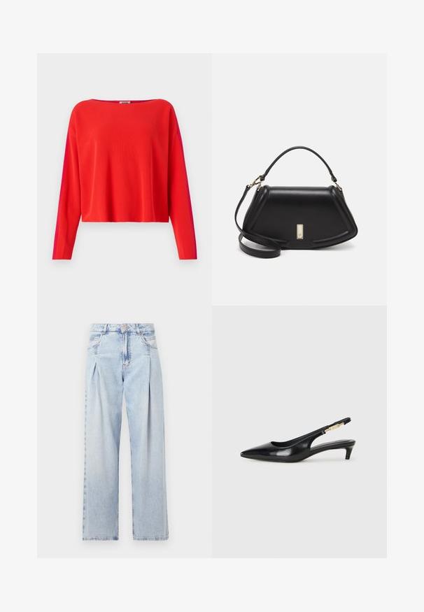 Rode geribbelde pullover met lange mouwen, cropped model en een contrasterend magenta zijpaneel. Gladde textuur, brede halslijn.; Lichtblauwe denim jeans met een hoge taille, wijde pijpen, twee zijzakken en geplooid ontwerp. Zachte textuur met een vervaagd uiterlijk.; Zwarte leren slingback hakken met een spitse neus, voorzien van een slanke hak en een goudkleurige accent op de verstelbare band. Gladde textuur.; Zwarte leren handtas met een gestructureerd ontwerp, featuring een verkorte vorm, bovenhandvat en gouden hardwareaccent. Inclusief verstelbare schouderband.
