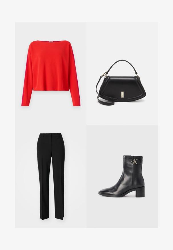 Pullover rosso a coste con maniche lunghe, taglio cropped e un pannello laterale magenta a contrasto. Texture liscia, scollo ampio.; Pantaloni neri su misura con un design a gamba dritta, caratterizzati da una texture liscia e pieghe ben definite sul davanti. Senza hardware visibile.; Stivale alla caviglia in pelle nera con punta appuntita, tacco blocco e una cinghia con dettagli metallici del logo. Texture liscia e design minimal.; Borsa a mano in pelle nera con un design strutturato, caratterizzata da una forma corta, manico superiore e accessori in metallo dorato. Inclusa tracolla regolabile.