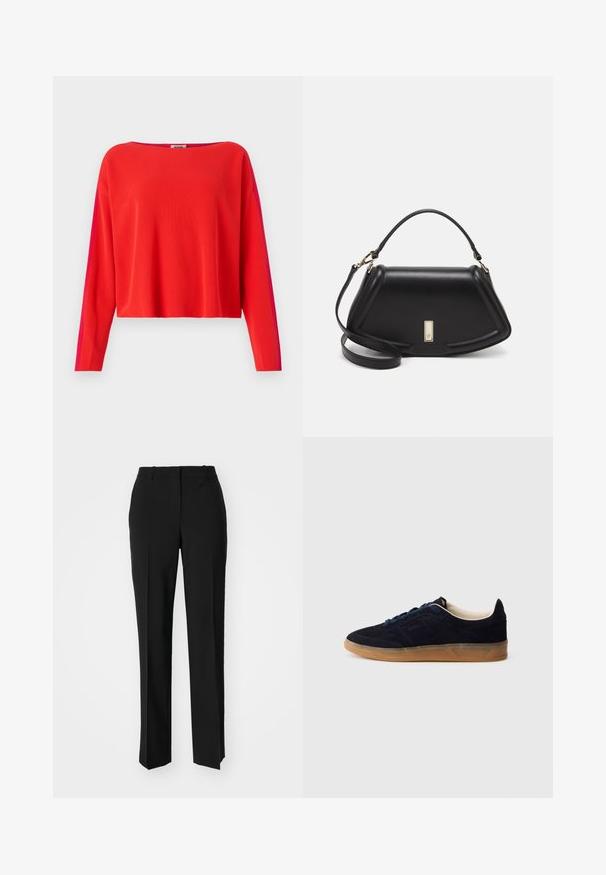 Rode geribbelde pullover met lange mouwen, cropped model en een contrasterend magenta zijpaneel. Gladde textuur, brede halslijn.; Zwarte op maat gemaakte broek met een recht model, voorzien van een soepele textuur en scherpe plooien aan de voorkant. Geen zichtbare hardware.; Marineblauwe suède sneaker met een buitenzool van gumrubber, blauwe veters en een minimalistisch design. Heeft een geperst logo aan de zijkant en een gladde binnenvoering.; Zwarte leren handtas met een gestructureerd ontwerp, featuring een verkorte vorm, bovenhandvat en gouden hardwareaccent. Inclusief verstelbare schouderband.