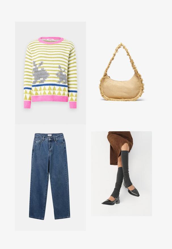 Oblečen pulover s pletenjem, zeleno-belimi črtami, sivimi motivi zajčkov, modro geometrijsko črto ter roza obrobo ovratnika in spodnjega roba. Mehka tekstura.; Klasične modre jeans hlače s ravnim krojem, petimi žepi in gumbom za zapiranje. Imajo srednje pranje in trdno teksturo.; Črne lakirane čevlje s pointy prsti in blok peto ter z naramnicami za gleženj, ki jih kombiniramo s sivimi rebrastimi nogavicami in rjavim suknjičem iz usnja.; Strukturirana bež torba zaokroženog oblika, s isfrcanim rubovima, i kratkim remenom za nošenje. Zatvaranje na donjem dijelu.
