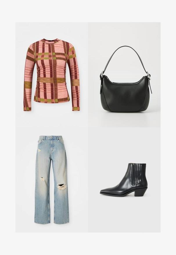Długi rękaw w kratę z różowymi, brązowymi i zielonymi kolorami, o teksturowanej tkaninie oraz marszczeniach w talii i przy rękawach.; Szary bezrękawnik typu golf, dopasowany krój, prążkowana faktura, gładki materiał, z wysokim kołnierzem i stylowymi wcięciami na ramionach.; Jasnoniebieskie dżinsy o prostym kroju z wysokim stanem, szlufkami na pasek oraz przetarciami na lewym udzie, prawym kolanie i dolnej części lewego nogawki.; Czarne skórzane botki za kostkę z wysmuklonym noskiem, elastycznymi bocznymi panelami z pionowymi rowkami oraz niskim blokowym obcasem. Gładka tekstura i elegancki design.; Czarna skórzana torebka o zaokrąglonym kształcie, z srebrnym zamkiem błyskawicznym i krótkim uchwytem. Posiada subtelne logo z przodu i gładką teksturę.
