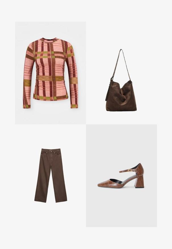 Langärmliges Karo-Oberteil mit pinken, braunen und grünen Farben, strukturiertem Stoff und Raffung an der Taille und den Ärmeln.; Weite braune Jeans aus Denim, mit hoher Taille, Fronttaschen und klassischem Knopfverschluss. Glatte Textur mit feinen Nähten.; Braune patentierte Lederpumps mit quadratischer Zehenform, strukturiertem Krokodilmuster, Knöchelriemen mit goldener Schnalle und blockiertem Absatz.; Braune Wildleder-Hobo-Tasche mit geschwungenem oberen Teil, einem langen Trageriemen mit Punktakzenten und einer weichen Textur. Verfügt über ein lässiges Design für den täglichen Gebrauch.