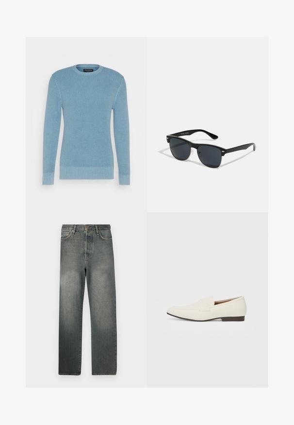 Helles blaues Strickpullover mit Rundhalsausschnitt, gerippten Bündchen und Saum. Texturiert mit einem subtilen Muster, entworfen für eine taillierte Silhouette.; Jack & Jones JJIALEX JJCOOPER - Baggy Jeans - black denim; Hellbeige Slipper mit spitzem Zehenbereich, glattem Material, einem Riemen über dem Vorderfuß und einer niedrigen braunen Sohle. Einfaches Design mit minimalen Akzenten.; Schwarze Sonnenbrille mit rechteckiger Form, dunklen Gläsern, silbernen Akzenten an den Bügeln und mattierter Oberfläche des Rahmens.